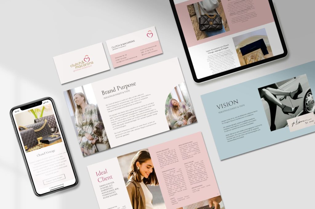 Branding-Konzept für Clutch & Macarons mit Logo, Visitenkarten und digitaler Präsentation. Hochwertiges Secondhand-Design trifft auf nachhaltige Eleganz.